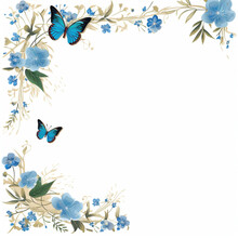A Letter Paper With Blue Flowers And Butterflies On A White Background.Generative AI