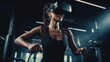 © Fred - Young woman engages in a virtual reality fitness activity using a VR headset and controllers in a digital studio setting