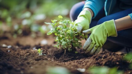 woman person wearing gloves planting trees or working with blured people community group in garden promoting local food production and habitat restoration