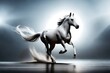 White horse run forward in dust on dark background  generated by AI tool