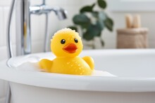 Cute Little Yellow Rubber Duck. Fun Toy For Baby Bath.