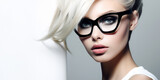 Fototapeta Desenie - Close-up beauty portrait of a young woman wearing glasses on a light background