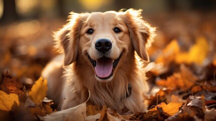 Wall Mural - Golden retriever dog playing among fallen leaves in autumn.