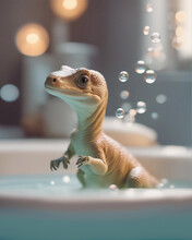 A Little Dinosaur Takes A Bath In The Bathroom.  Generative AI.