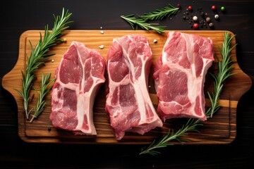 raw beef meat on wooden board isolated on black background