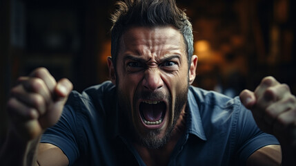 Close-up of an extremely angry adult mature man screaming with flames in background