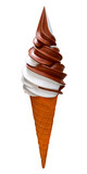 Ice cream cone. Chocolate and cream two-color ice cream. Brown and white. Portion of ice cream isolated on white background. Wafer coner machine. Fast food restaurant frozen dessert