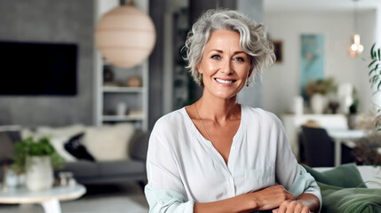 Poster - portrait of a senior woman sitting on a sofa at home. 