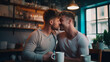 Gay couple lovers kissing in a cafe