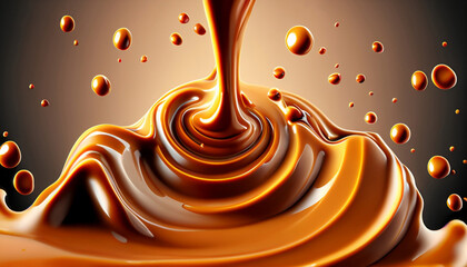 Delicious melted caramel texture. Flow, wave and drops splash caramels sauce. Sweet food design background.