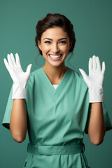 Wall Mural - Woman nurse smiling rising her two hands in the air