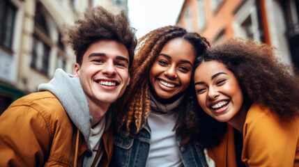 Canvas Print - Portrait of a group of smiling young women standing in the street