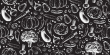 Seamless Pattern With Drawn On Chalkboard Vegetables. Background With Broccoli, Eggplant, Onion, Mushrooms, Zucchini, Peppers, Garlic, Peas, Tomatoes, Carrot, Beetroot, Cabbage, Pumpkin, Cauliflower