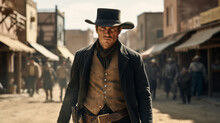 Western Movie Shot, Front View Of A Cowboy Ready To Do A Duel In Middle Of A Wild West Town