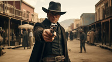 Western Movie Shot, Front View Of A Cowboy Ready To Do A Duel In Middle Of A Wild West Town Pointing Gun To Camera