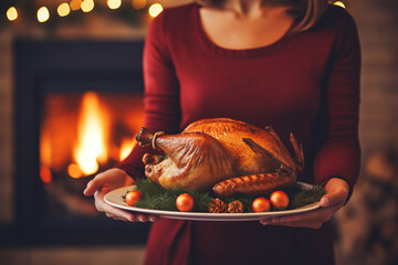 Woman holding a roasted turkey holiday dish at home , for christmas or thanksgiving holiday , fireplace living room background