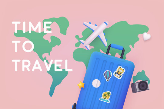 Travel time vector background design. Time to travel text with 3d luggage and airplane. 3D Web Vector Illustration.