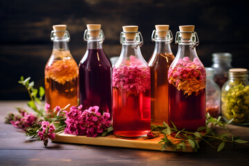 Fruit kombucha, rustic background. Set of glass bottles with filtered kombucha drinks made of yeast, sugar and tea with addition of fruits, berries and herbs. Fermented tea or tea kvass banner