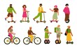 © Vectorcreator - Cartoon funny people drive ecological transport. City cute persons on segway, bikes and scooters, happy cyclists characters, vector set