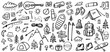 Vector collection of camping and hiking items in the doodle style.