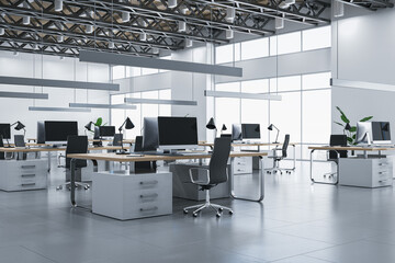 Poster - Contemporary bright coworking office interior with panoramic windows, city view, decorative plants and concrete flooring. 3D Rendering.