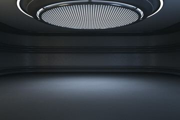 Poster - Modern dark futuristic interior with round ceiling and mock up place. Grunge garage concept. 3D Rendering.