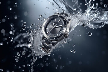 Beautiful luxury fashionable silver men's watch with splashes of water.generative ai
