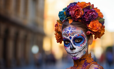 Canvas Print - venetian carnival mask. attractive girl dressed in a bright make-up in the style of a skeleton, flowers in her hair. Generative Ai