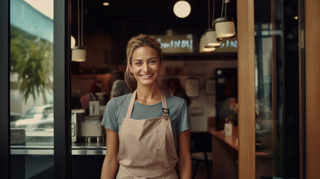 A woman or coffee shop assistant wearing a work apron and smiling standing in the entrance of a coffee shop.generative ai
