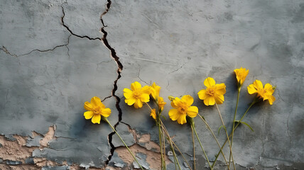 Sticker - Yellow flowers on crack wall for background. Generative Ai