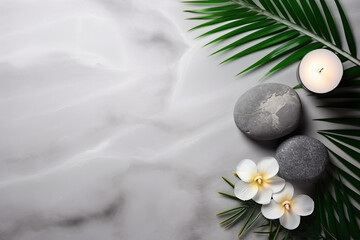 Wall Mural - Beautiful relaxing background with stones, fern and flowers with space for products, text or logo, top view.generative ai
