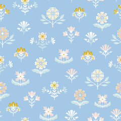 Wall Mural - Vector seamless geometrical folk floral pattern on a pastel blue background 