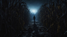 Man Standing In The Middle Of The Corn Maze Path