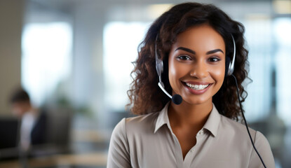 Poster - portrait of a smiling customer service agent, call center operator. Generative Ai