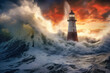 Leuchtturm mit riesigen Wellen im Sturm
