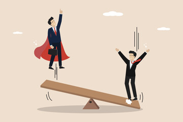 Wall Mural - Manager support, help to get solution, teamwork to success, entrepreneur manager jump on seesaw helping colleagues jump high to reach target.
