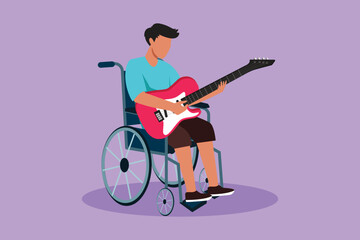 Sticker - Cartoon flat style drawing male sitting in wheelchair playing electric guitar and sing a song. Guitarist person in hospital room ward. Rehabilitation center patient. Graphic design vector illustration