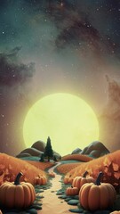 Wall Mural - An animated push towards and landscape of pumpkins and a cosmic background featuring the setting sun & stars.