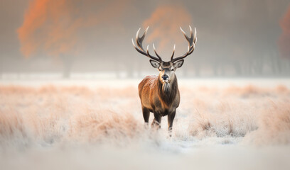 close-up of a red deer stag in winter