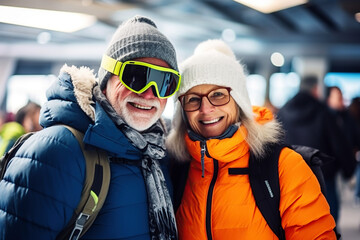 Family happy age couple or friends in winter clothes are standing in airport terminal. Active winter holidays