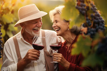 Older Couple Tasting Wine In A Grapevine, Ai Generated