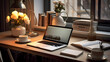 © Clipart Collectors - A cozy home office setup with a sleek modern desk, notebook, coffee