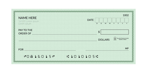 Bank cheque, Chequebook template, Blank template of the bank check, Blank Bank cheque
