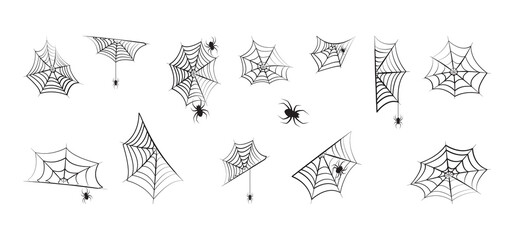 Web and spider, cobweb icon, Halloween set. Spooky net. Horror line corner, black insect isolated on white background. Simple gothic illustration