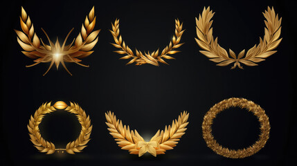 Wall Mural - Set of golden ribbons, laurel wreaths of different shapes for winners gold podium 3d realistic luxury leadership award with falling glitter and light smoke on dark background