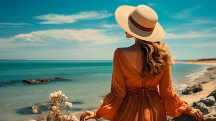 Poster - young woman with long hair wearing straw hat standing at sea and looking at camera. summer vacation and travel concept.