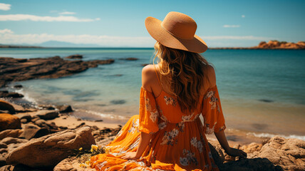 Poster - young woman with long hair wearing straw hat standing at sea and looking at camera. summer vacation and travel concept.