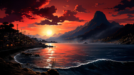 Wall Mural - beautiful sunset over the mountain