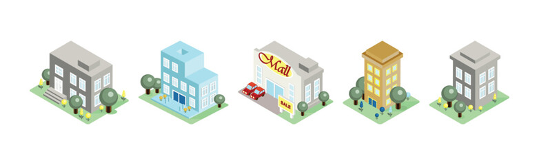 Sticker - Isometric City Buildings with Yard and Growing Tree Vector Set