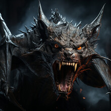 Scary Terrible Bat Vampire With Huge Fangs Teeth On Black With Fire, Horror, Nightmare, Halloween Background 